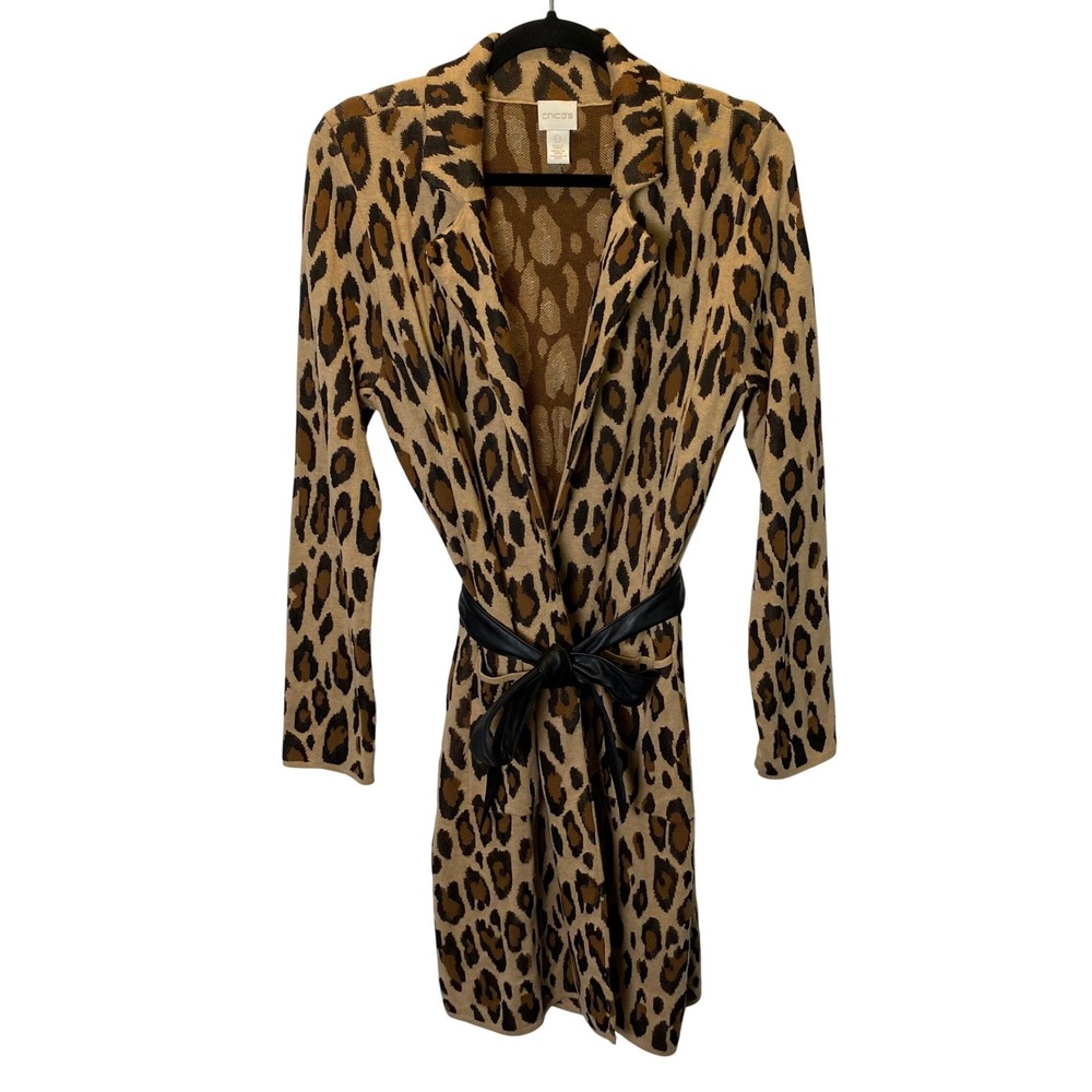 Chico's Leopard Print Cardigan Women 0 Small Belted Longline Sweater Mob Wife